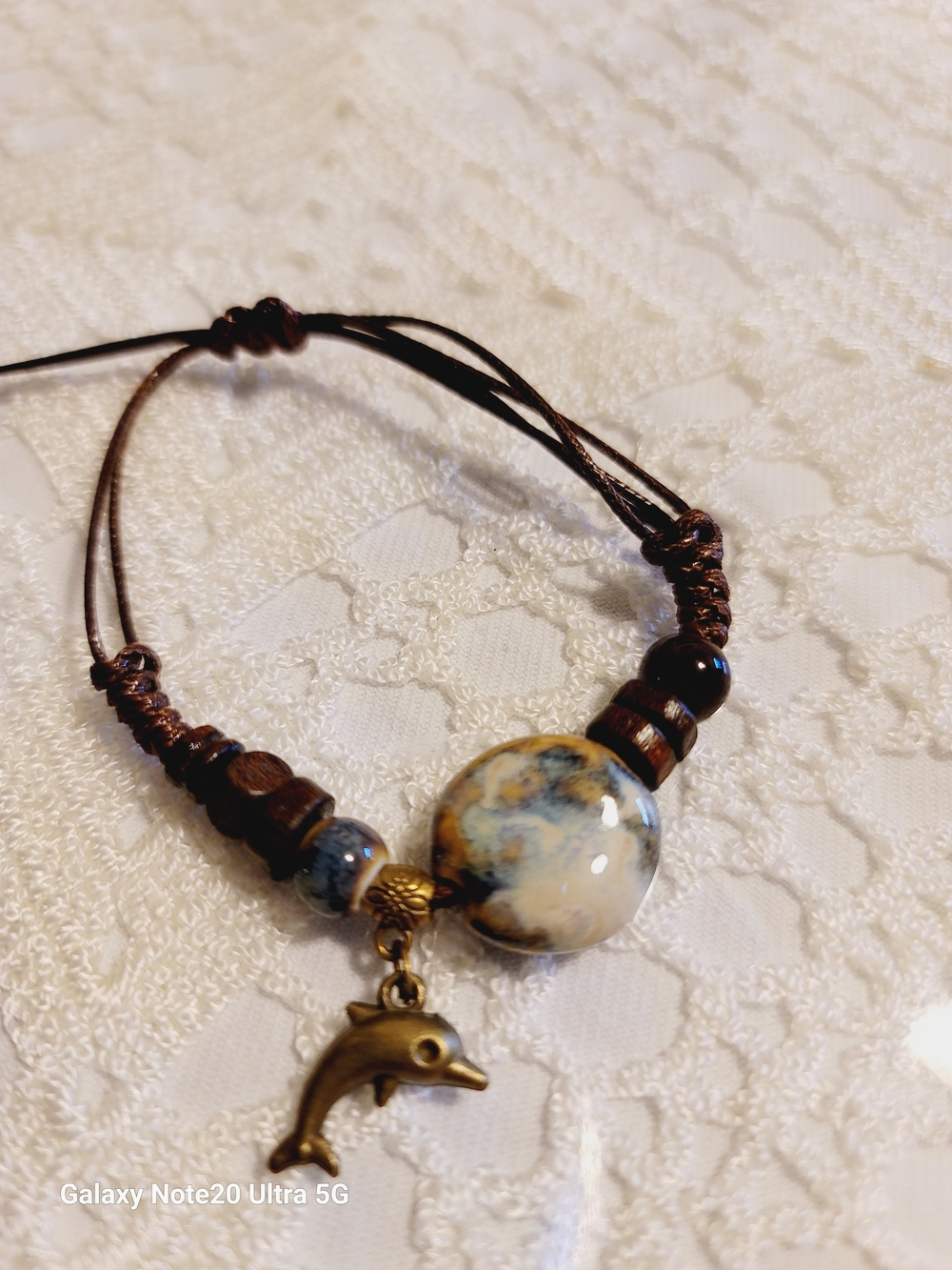 Handmade Brown Dolphin Charm Bracelet with Marbled Bead